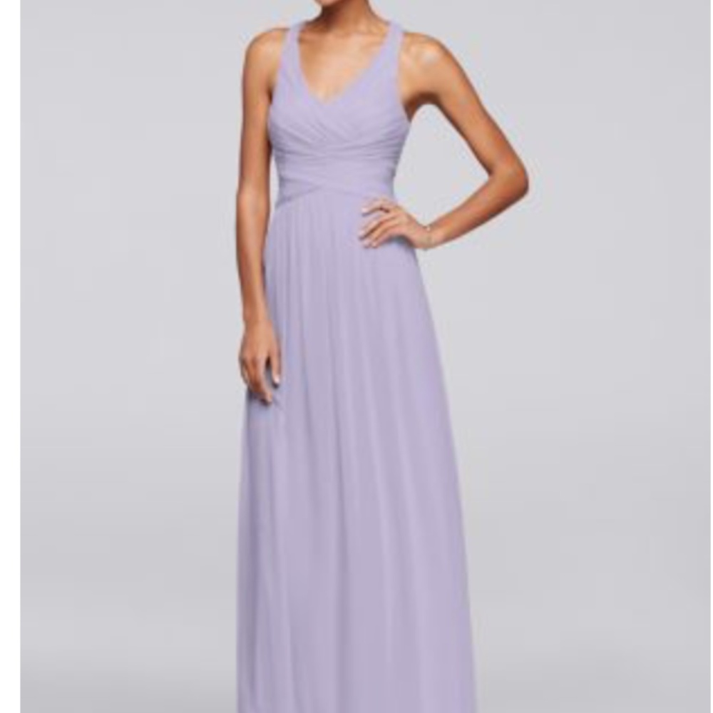 Long lilac Bridesmaid Dress with Crisscross Back Davids Bridal